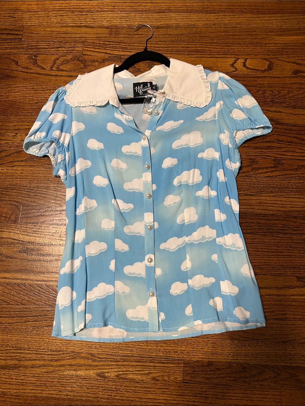 Hell Bunny Blue Cloud Print Button-Down Top with White Peter Pan Collar
